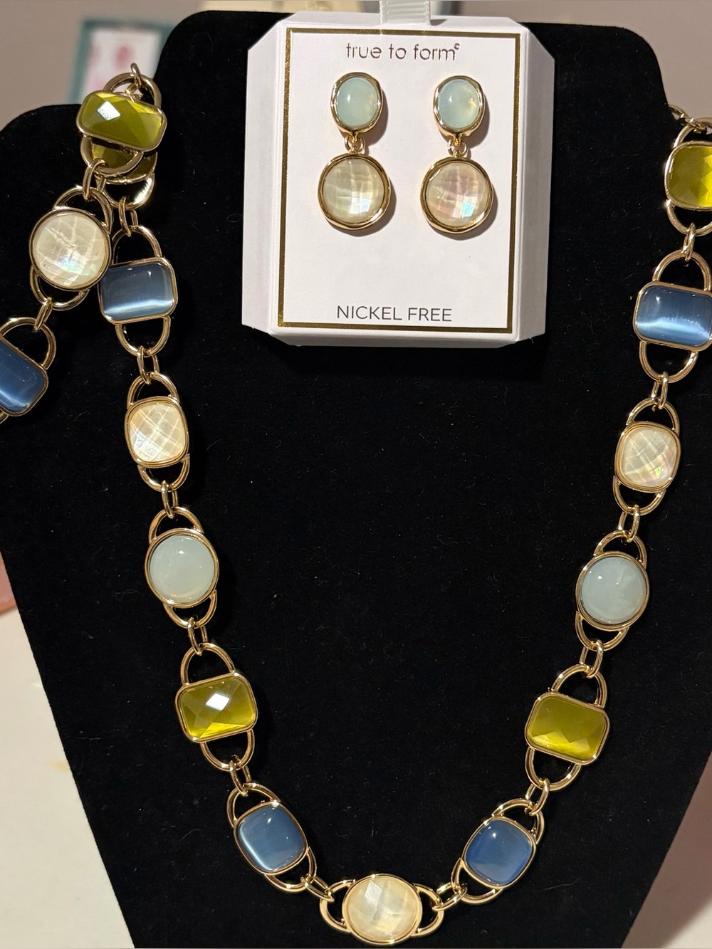 True to Form Gold Necklace, Bracelet and Earrings in Blue, Green and Cream Gems